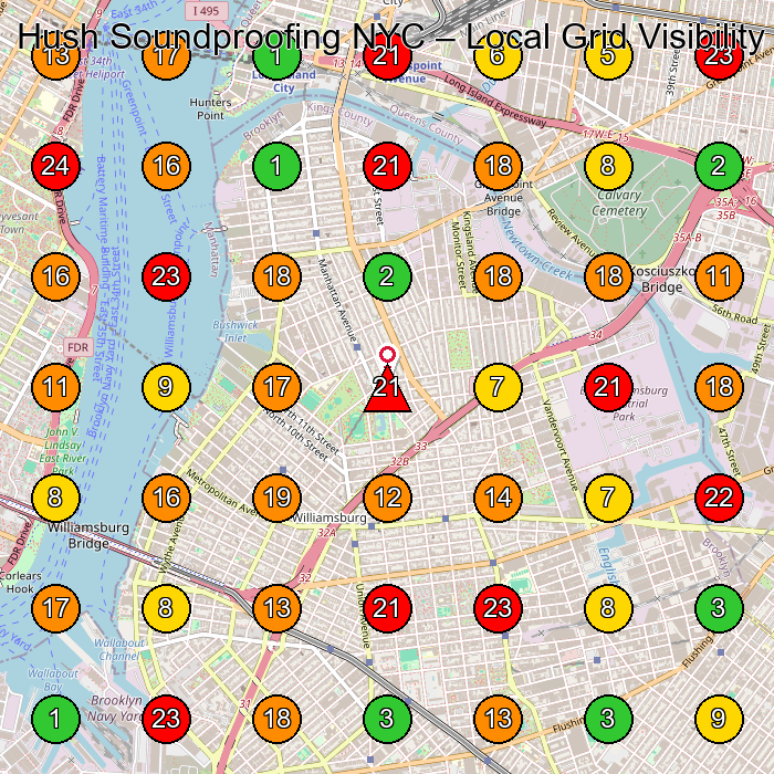 Hush Soundproofing NYC Acoustical Consultant GeoGrid ranking map for 298 N 7th St Brooklyn